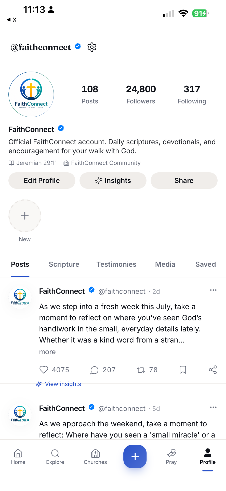Join Faith Connect app profile screen