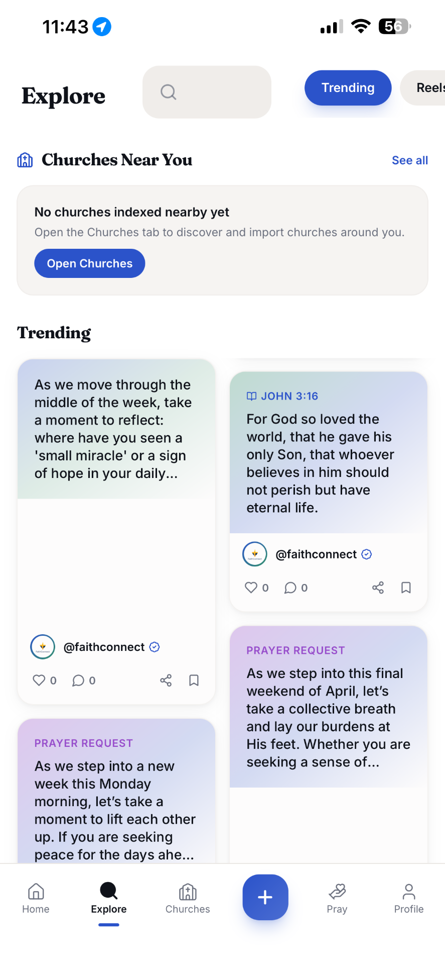 JoinFaithConnect Explore screen
